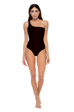 Model standing wearing the Apex One Piece in Black